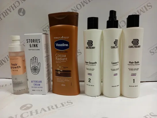 BOX OF APPROXIMATELY 20 ASSORTED COSMETICS TO INCLUDE VASELINE COCOA RADIANT, HAIR GROWTH SPRAY, CURLYBERRY SET ETC