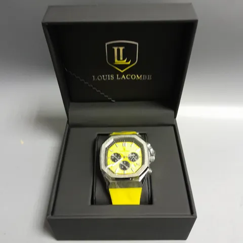 MENS LOUIS LACOMBE CHRONGRAPH WATCH – 3 SUB DIALS –  YELLOW RUBBER STRAP 
