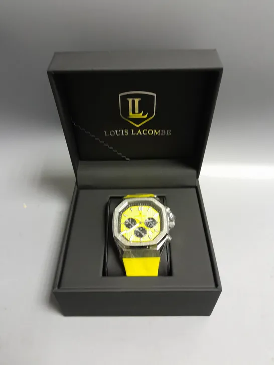 MENS LOUIS LACOMBE CHRONGRAPH WATCH – 3 SUB DIALS –  YELLOW RUBBER STRAP 