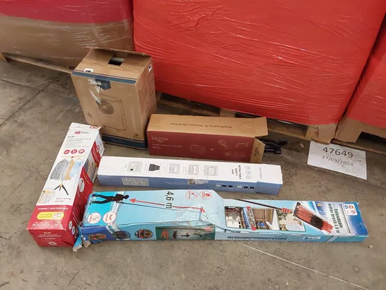 PALLET OF ASSORTED ITEMS INCLUDING: DEHUMIDIFIER, KID'S METAL DETECTOR, EXTENDABLE WATER BRUSH, CLOTHES HANGER STAND, RETRACTABLE SAFETY GATE