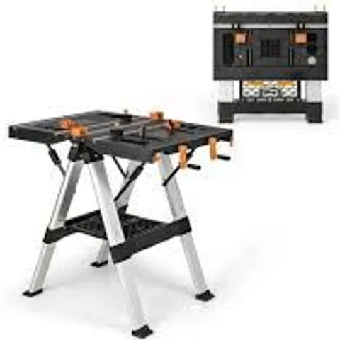 BOXED 2 IN 1 PORTABLE FOLDING WORK BENCH SAWHORSE WORKTABLE WITH ADJUSTABLE HEIGHT - ORANGE/BLACK