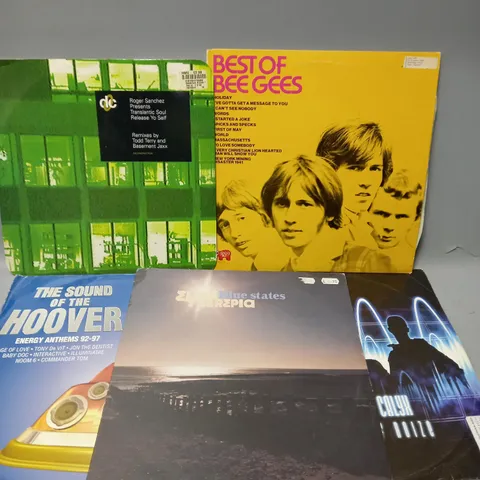 10 ASSORTED VINYL RECORDS TO INCLUDE BEST OF THE BEE GEES, ELIOS THE REPIA BLUE STATES, THE SOUND OF THE HOOVER ENERGY ANTHEMS, ETC