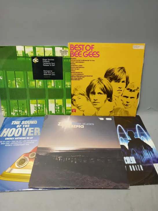 10 ASSORTED VINYL RECORDS TO INCLUDE BEST OF THE BEE GEES, ELIOS THE REPIA BLUE STATES, THE SOUND OF THE HOOVER ENERGY ANTHEMS, ETC