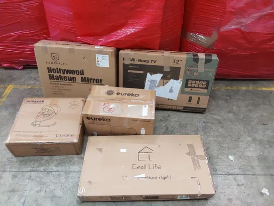 PALLET OF HOUSEHOLD ITEMS AND CONSUMER GOODS TO INCLUDE: RCA 32" ROKU TV, ADJUSTABLE LAPTOP DESK, AUTO BABY SWING CHAIR, EUREKA VACUUM CLEANER, HOLLYWOOD MAKEUP MIRROR ECT