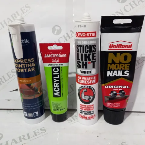 LOT OF APPROXIMATELY 10 ASSORTED HOUSEHOLD ITEMS TO INCLUDE UNIBOND NO MORE NAILS, EVO-STIK ALL WEATHER ADHESIVE, AMSTERDAM ACRYLIC (YELLOWISH GREEN), ETC