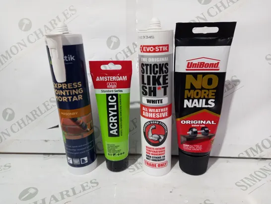 LOT OF APPROXIMATELY 10 ASSORTED HOUSEHOLD ITEMS TO INCLUDE UNIBOND NO MORE NAILS, EVO-STIK ALL WEATHER ADHESIVE, AMSTERDAM ACRYLIC (YELLOWISH GREEN), ETC