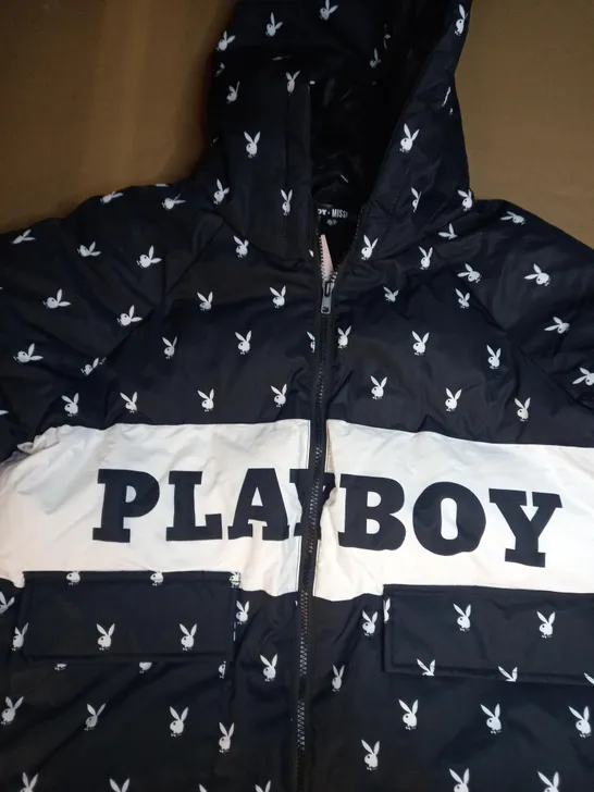 PLAYBOY HOODED PUFFER COAT IN BLACK/WHITE UK SIZE 10