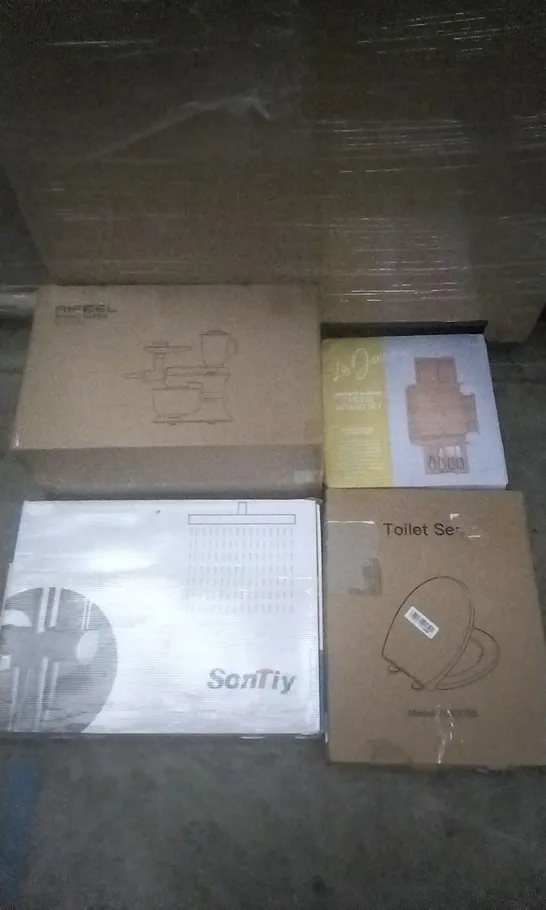 PALLET OF ASSORTED ITEMS INCLUDING, AIFEEL STAND MIXER, SONITY RAIN SHOWER SYSTEM WITH SHOWERHEAD AND HANDHELD SHOWER, LA JONNA BAMBOO CHEESEBOARD AND TOILET SEAT 