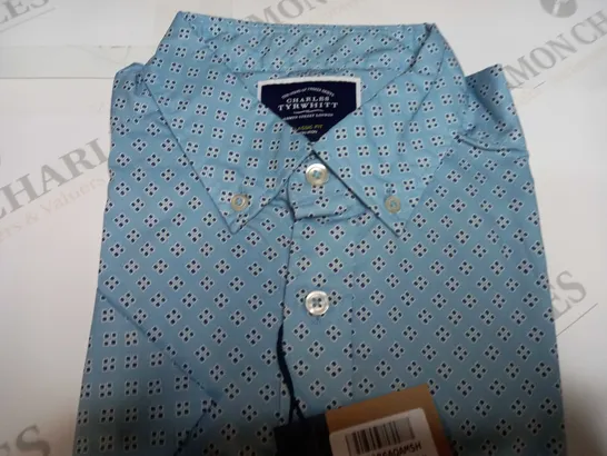 CHARLES TYRWHITT AQUA GREEN DIAMOND NON-IRON STRETCH POPLIN SHIRT - MEDIUM