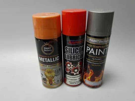 APPROXIMATELY 50 ASSORTED AEROSOLS TO INCLUDE PAINTFACTORY HIGH TEMPERATURE PAINT, RAPIDE SILICONE LUBRICANT, PAINTFACTORY INTERIOR & EXTERIOR METALLIC SPRAY DEEP COPPER, ETC - COLLECTION ONLY