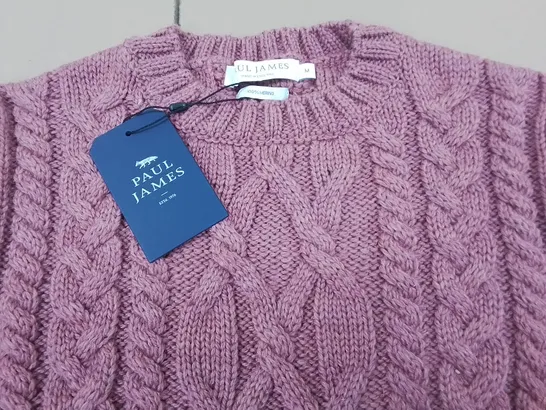 PAUL JAMES 100% MERINO CABLE KNIT JUMPER IN DUSTY PINK - M