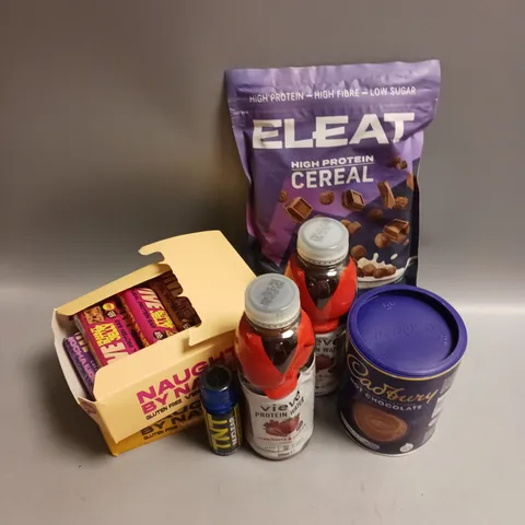 BOX OF APPROX 10 ASSORTED FOOD ITEMS TO INCLUDE - ELEAT HIGH PROTEIN CEREAL - CADBURYS HOT CHOCOLATE POWDER - VIVE PROTEIN BARS ETC