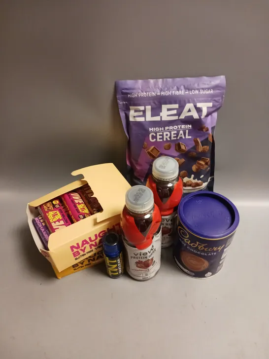 BOX OF APPROX 10 ASSORTED FOOD ITEMS TO INCLUDE - ELEAT HIGH PROTEIN CEREAL - CADBURYS HOT CHOCOLATE POWDER - VIVE PROTEIN BARS ETC