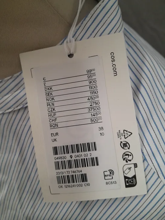 COS BLUE/WHITE STRIPPED COLLARLESS SHIRT - UK 10