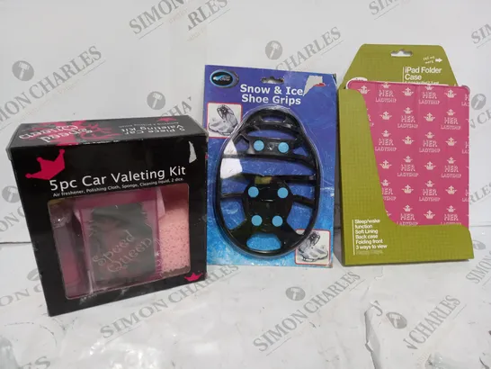 BOX OF 3 ITEMS TO INCLUDE CAR VALETING KIT, IPAD CASE AND SHOE GRIPS