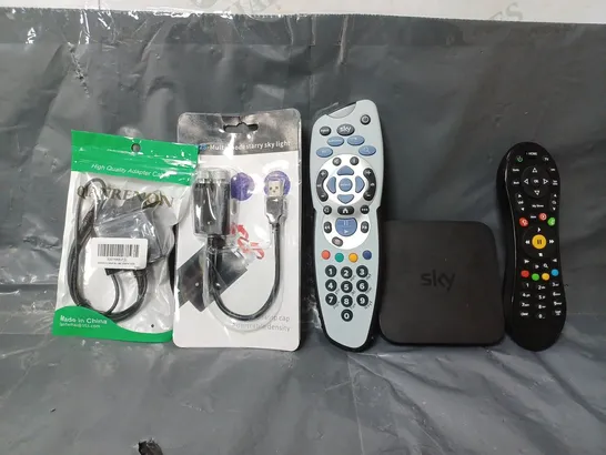 BOX OF APPROXIMATELY 15 ASSORTED ITEMS TO INCLUDE - SKY REMOTE , VIRGIN MEDIA REMOTE , SKY BOX IP061-EF-AN ETC