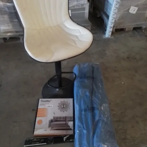PALLET OF ASSORTED  ITEMS TO INCLUDE SWIVEL BAR STOOL, FOLDING CAMPING CHAIRS, WALL CLOCK, FOLD BRACKET