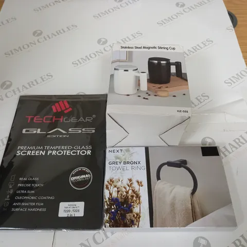 BOX OF 7 ASSORTED HOUSEHOLD ITEMS TO INCLUDE SCREEN PROTECTOR, TOWEL RING, MAGNETIC STIRRING CUP, ETC