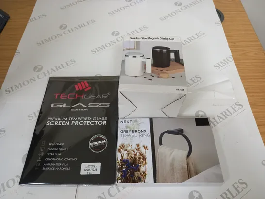 BOX OF 7 ASSORTED HOUSEHOLD ITEMS TO INCLUDE SCREEN PROTECTOR, TOWEL RING, MAGNETIC STIRRING CUP, ETC