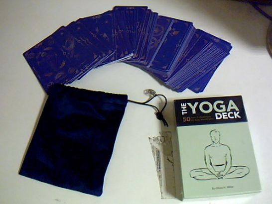 YOGA CARD DECK, SEALED AND BOXED, AND AN UNBRANDED CARD DECK THAT COMES IN BLUE VELET CARRY BAG