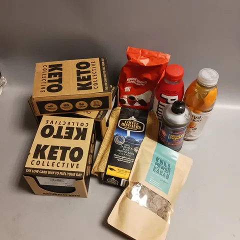 BOX OF APPROX 10 ASSORTED FOOD ITEMS TO INCLUDE - KETO COLLECTIVE VANILLA COOKIES - COFFEE ROASTERS OF JAMACIA GROUND COFFEE - FULL POWER CACAO NIBS ETC