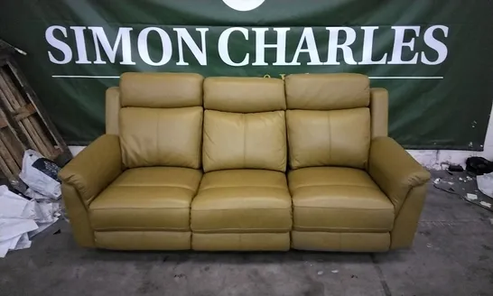 QUALITY DESIGNER YELLOW/GREEN LEATHER 3 SEATER ELECTRIC RECLINING SOFA