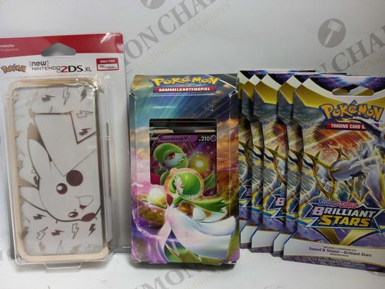LOT OF POKEMON ITEMS TO INCLUDE PIKACHU NINTENDO 2DS XL PROTECTOR, GARDEVOIR V BATTLE DECK, AND 5 X SWORD AND SHIELD BRILLIANT STARS BOOSTER PACKS 
