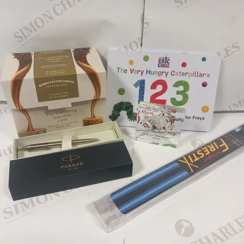 APPROXIMATELY 10 ASSORTED PRODUCTS TO INCLUDE; HOTEL CHOCOLATE THE EVERYTHING SELECTION LATTE, PARKER PEN, THE ORIGINAL FIRESTIX AND PERSONALISED THE VERY HUNGRY CATERPILLAR'S 123