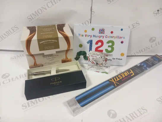 APPROXIMATELY 10 ASSORTED PRODUCTS TO INCLUDE; HOTEL CHOCOLATE THE EVERYTHING SELECTION LATTE, PARKER PEN, THE ORIGINAL FIRESTIX AND PERSONALISED THE VERY HUNGRY CATERPILLAR'S 123