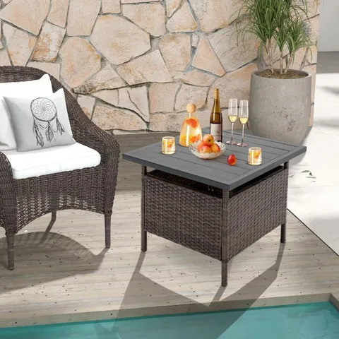 BOXED COSTWAY 55cm SQUARE PATIO WICKER SIDE TABLE WITH UMBRELLA HOLE