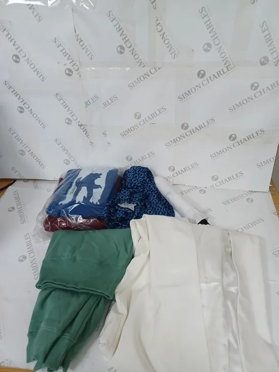 LARGE BOX OF ASSORTED CLOTHING ITEMS IN VARIOUS COLOURS AND SIZES INCLUDING TROUSERS , TOPS AND JUMPERS 