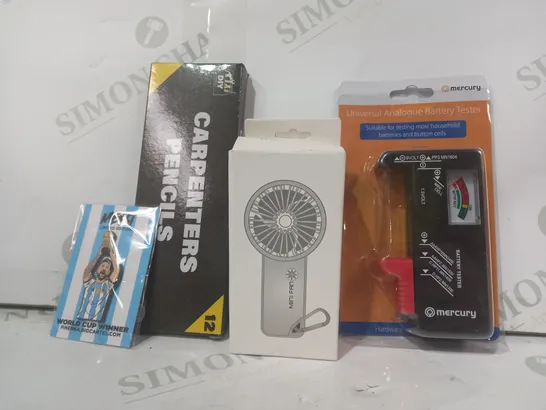 LOT OF APPROXIMATELY 10 ASSORTED HOUSEHOLD ITEMS TO INCLUDE MINI FAN, CARPENTERS PENCILS, UNIVERSAL ANALOGUE BATTERY TESTER, ETC