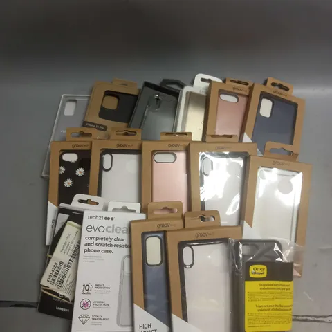 BOX OF APPROXIMATELY 100 PHONE CASES IN VARIOUS MODELS, STYLES AND COLOURS TO INCLUDE IPHONE XR, SAMSUNG S20, GALAXY NOTE8 ETC