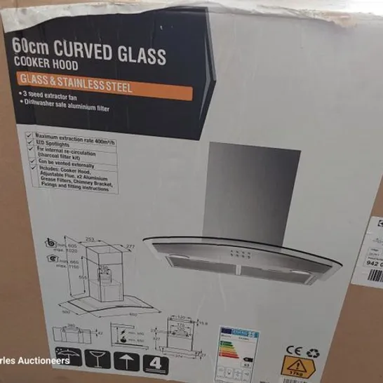 ELECTROLUX WICKES 60CM CURVED GLASS COOKER HOOD STAINLESS STEEL MODEL EFL396A RRP £142