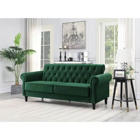 BOXED RAINSBURGH THREE SEATER GREEN VELVETY SOFA 