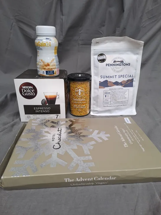 BOX OF APPROXIMATELY 10 ITEMS TO INCLUDE BEE POLLEN, HOTEL CHOCOLATE, GROUND COFFEE ETC