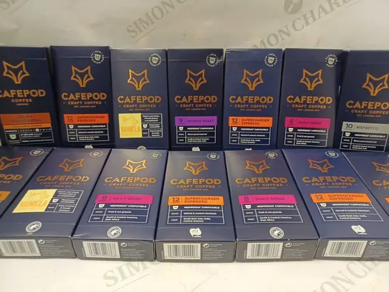 LOT OF APPROX 14 ASSORTED CAFEPOD SRAFT COFFEE BOXES TO INCLUDE SUPERCHARGER ESPRESSO, INTENSE ROAST, RISTRETTO, ETC 