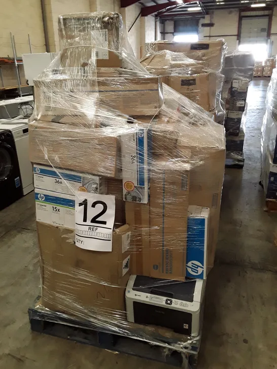 PALLET OF ASSORTED ITEMS INCLUDING HP LASERJET PRINT CARTRIDGES, FILING CABINET, DISH WASHER, TV UNIT, BROTHER PRINTER 