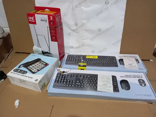 BOX OF APPROXIMATELY 20 ASSORTED ITEMS TO INCLUDE A BIG BUTTON LANDLINE PHONE. INDOOR AERIAL ANTENNA AND A WIRELESS KEYBOARD