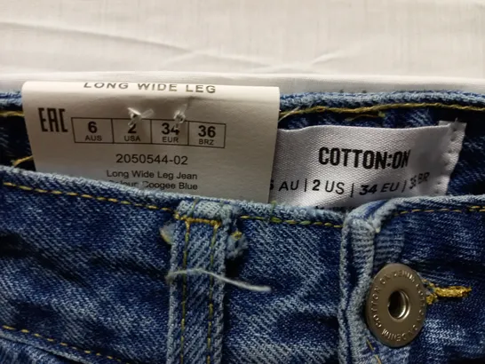 BOX OF APPROX 9 BRAND NEW COTTON:ON LONG WIDE LEG JEANS - COOGEE BLUE SIZE AUS 6	