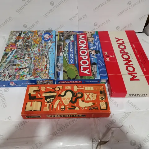 LOT OF 4 ASSORTED BOXED GAMES TO INCLUDE GIBSON JIGSAW, MONOPOLY CLASSIC, MON0OPOLU NEWPORT AND SECRET HITLER