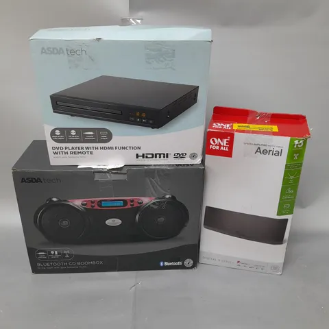 APPROXIMATELY 20 ASSORTED TECH PRODUCTS TO INCLUDE BLUETOOTH CD BOOMBOX, DVD PLAYER, HDTV INDOOR AERIAL 