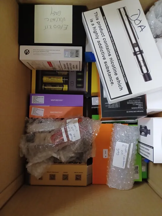 BOX OF APPROXIMATELY 30 E-CIGARETTE PRODUCTS TO INCLUDE ARGUS GT II, VAPORESSO GEN S, INNOKIN ENOURA T22 ETC 