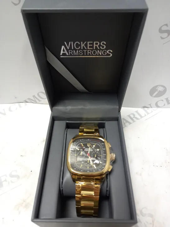 BOXED VICKERS ARMSTRONG CLASSIQUE GOLD WATCH WITH BLACK DIAL