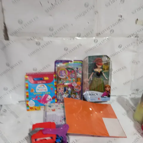 BOX OF ASSORTED TOYS TO INCLUDE PAINTING, FROZEN FIGURES, HOT WHEELS ETC 