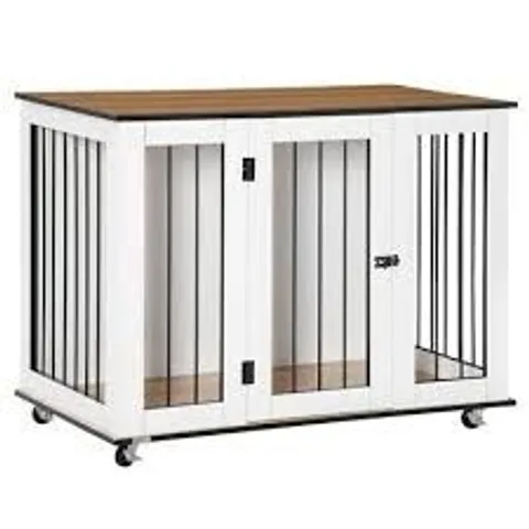 BOXED PAWHUT DOG CRATE FURNITURE, DOG CAGE END TABLE WITH WHEELS, LOCKABLE DOOR, FOR MEDIUM DOGS, 106 X 60 X 82 CM - WHITE