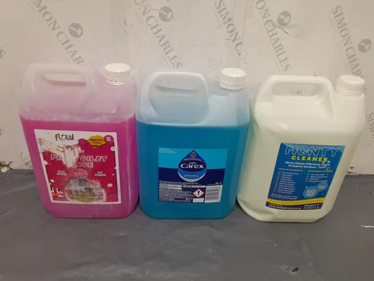 APPROXIMATELY 3 ASSORTED LIQUIDS TO INCLUDE CAREX, MONTY CLEANER AND PINK TOILET RINSE - COLLECTION ONLY 