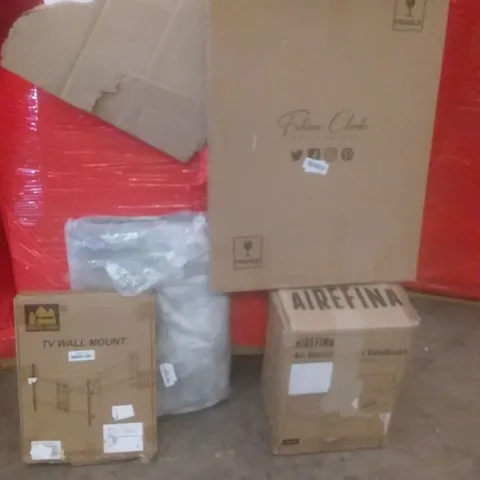 PALLET OF ASSORTED ITEMS INCLUDING AIR MATTRESS WITH HEADBOARD, PHOTO FRAME, TV WALL MOUNT, GREY CARPET