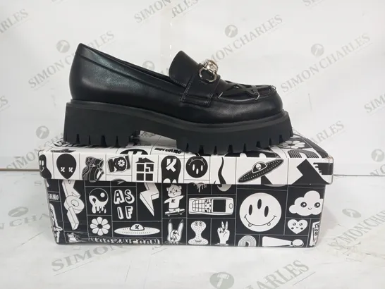 BOXED PAIR OF KOI LOAFERS IN BLACK W. PENTAGRAM & SILVER EFFECT OWL DETAIL SIZE 6