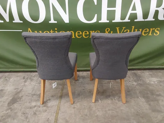 SET OF 2 BEWLEY SLATE GREY FABRIC BUTTON BACK DINING CHAIRS WITH OAK LEGS 